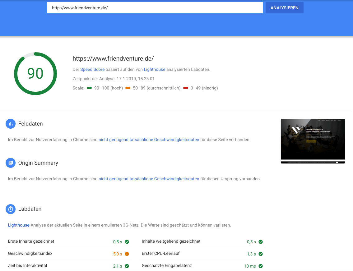 Google Pagespeed Insights Friendventure